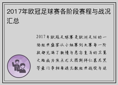 2017年欧冠足球赛各阶段赛程与战况汇总